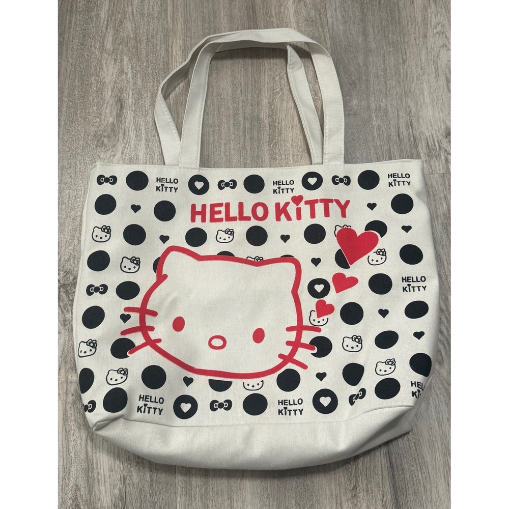 Sanrio Hello Kitty Canvas Tote Bag Cream Black Polka Dot Red Hearts Kawaii